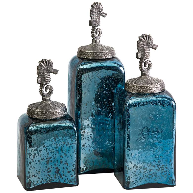 Image 1 Hammered Seahorse Ocean Blue Glass 3-Piece Canisters Set