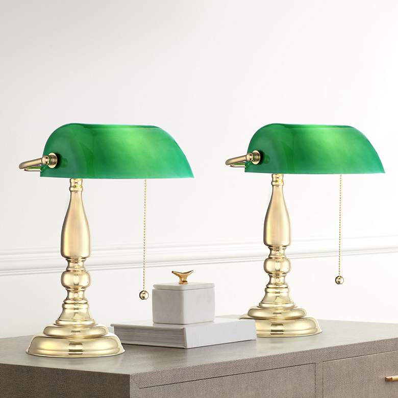 Image 1 Hammond Polished Brass Plated Bankers Desk Lamps Set of 2