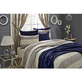 Image1 of Hampton Navy Linen Cotton Stripes King Duvet Cover