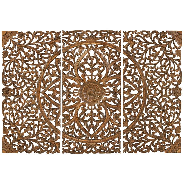 Image 2 Hand-Carved Brown Wood 48" High 3-Piece Wall Plaque Set