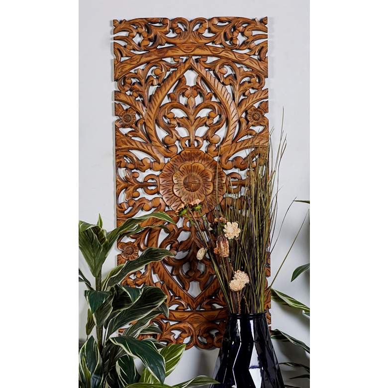 Image 1 Hand-Carved Brown Wood 48" High 3-Piece Wall Plaque Set