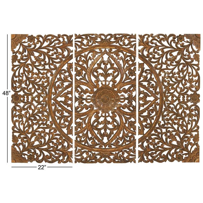 Image 4 Hand-Carved Brown Wood 48 inch High 3-Piece Wall Plaque Set more views