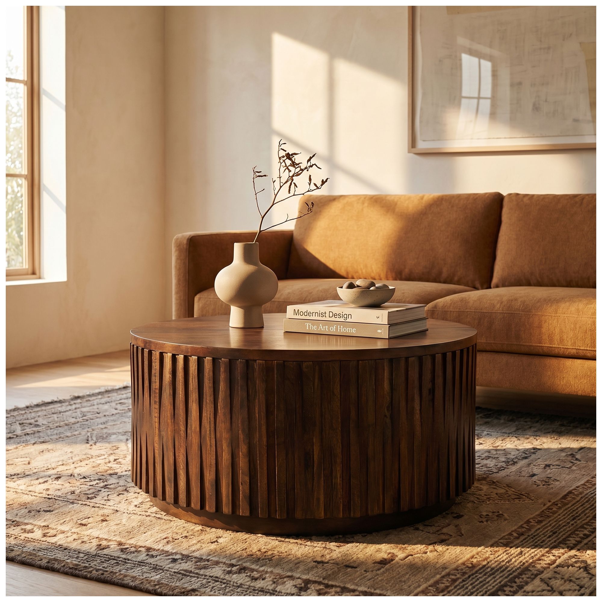 Image 2 Hand-Carved Mango Wood Coffee Table with Walnut Finish and Storage more views
