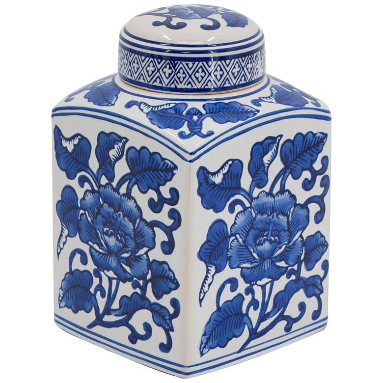 Image 1 Hand Painted 9 inch Tall Blue &#38; White Square Canister