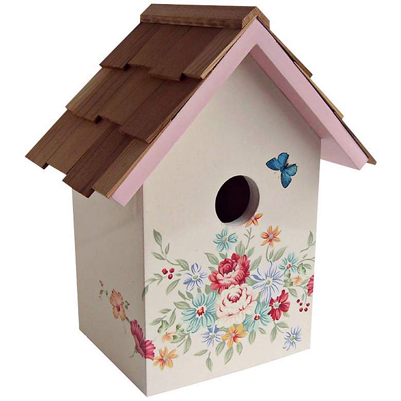 Image 1 Hand-Painted Red Cedar Top Pastel Bouquet Cream Birdhouse