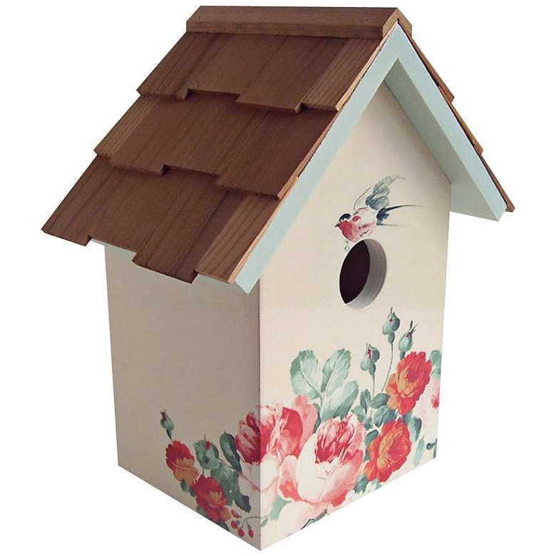 Image 1 Hand-Painted Red Cedar Top Peony Cream Birdhouse