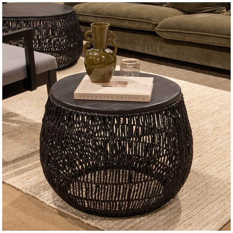 Image 1 Hand-Woven Seagrass and Pine Wood Round Side Table, Black