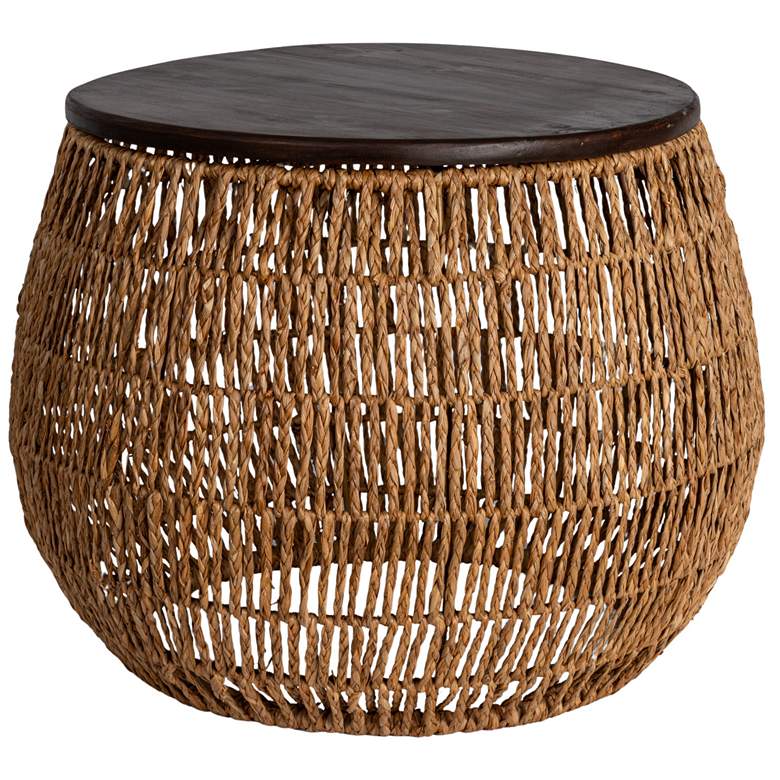 Image 2 Hand-Woven Seagrass and Pine Wood Round Side Table, Natural