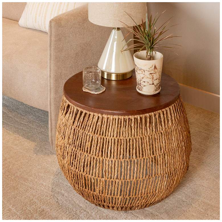 Image 1 Hand-Woven Seagrass and Pine Wood Round Side Table, Natural