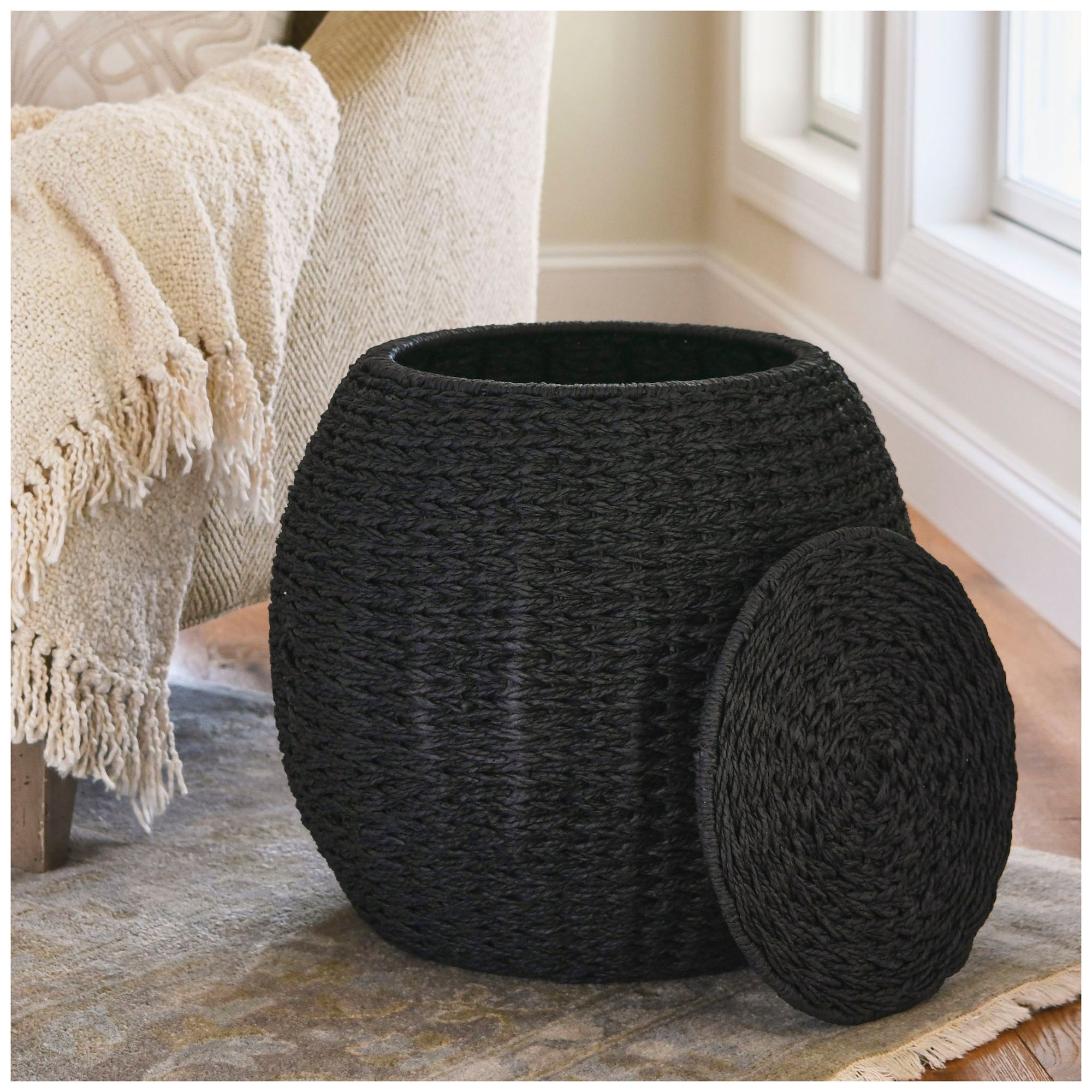 Image 4 Handwoven Paper Rope Barrel Wicker Storage Basket Side Table, Black more views