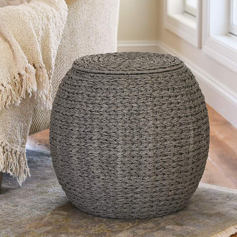 Image 1 Handwoven Paper Rope Barrel Wicker Storage Basket Side Table, Gray