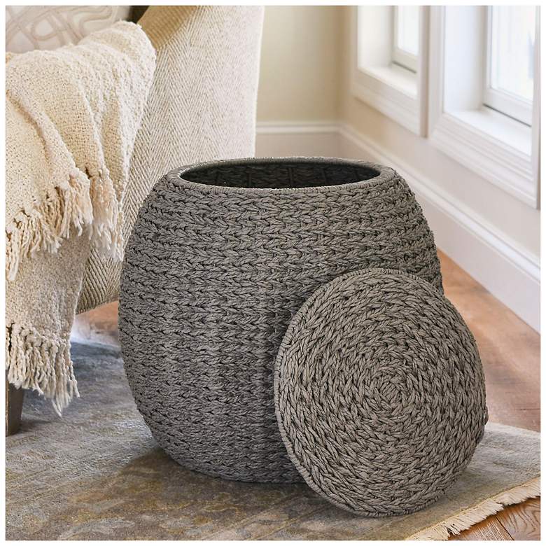 Image 4 Handwoven Paper Rope Barrel Wicker Storage Basket Side Table, Gray more views