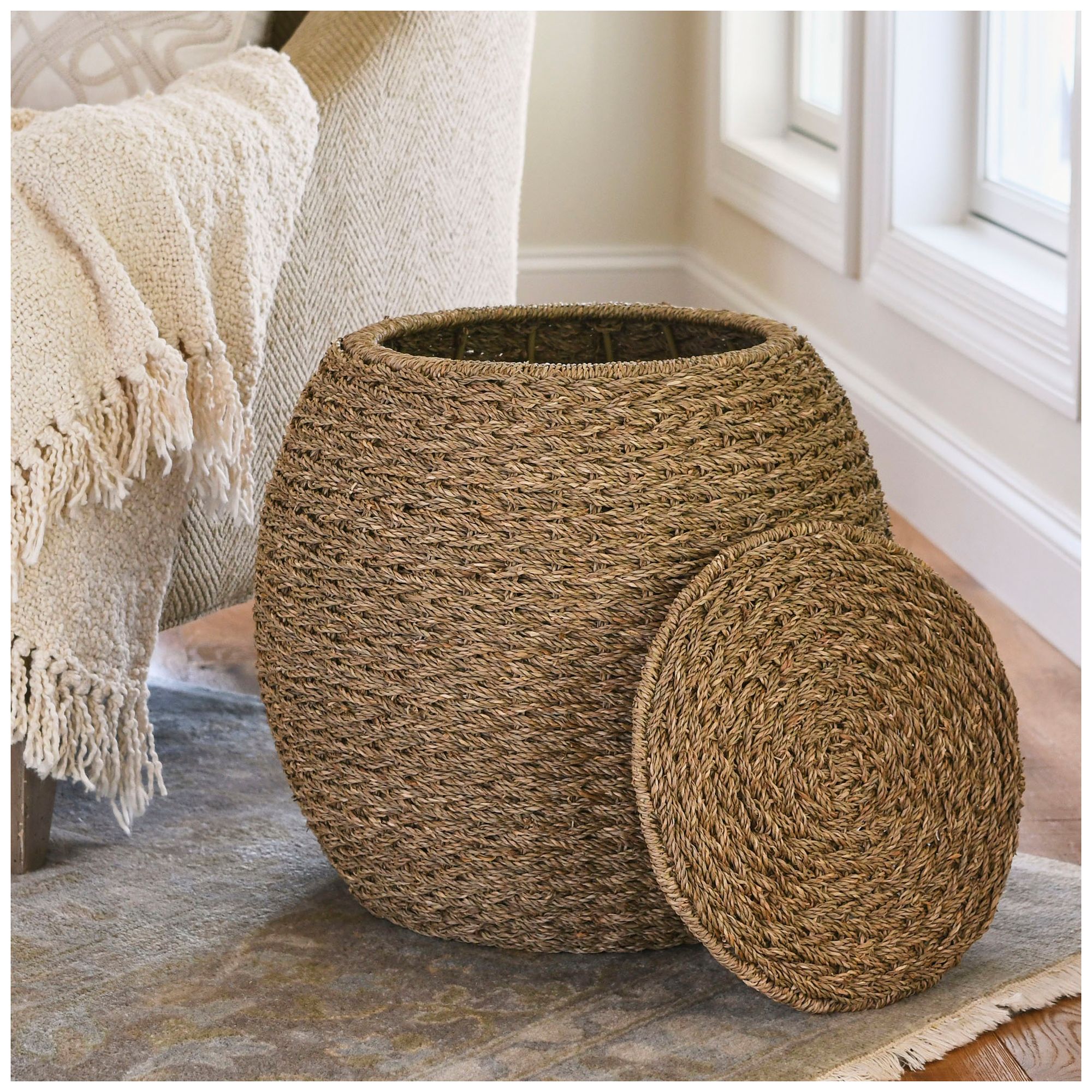 Image 4 Handwoven Seagrass Barrel Wicker Storage Basket Side Table, Natural more views