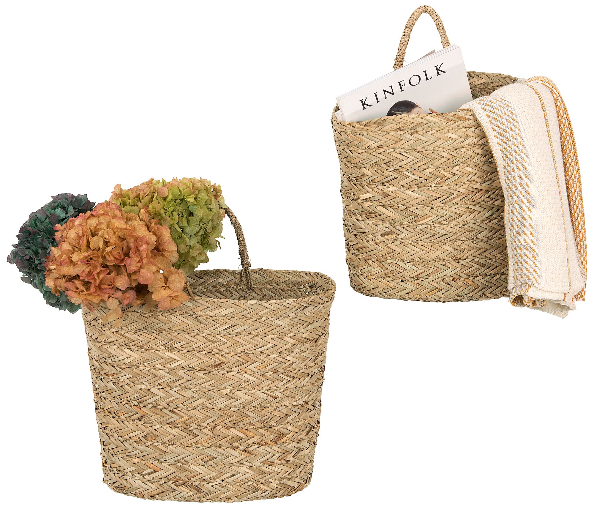 Image 2 Handwoven Seagrass Wall Mount Baskets with Handles, Natural, Set of 2 more views