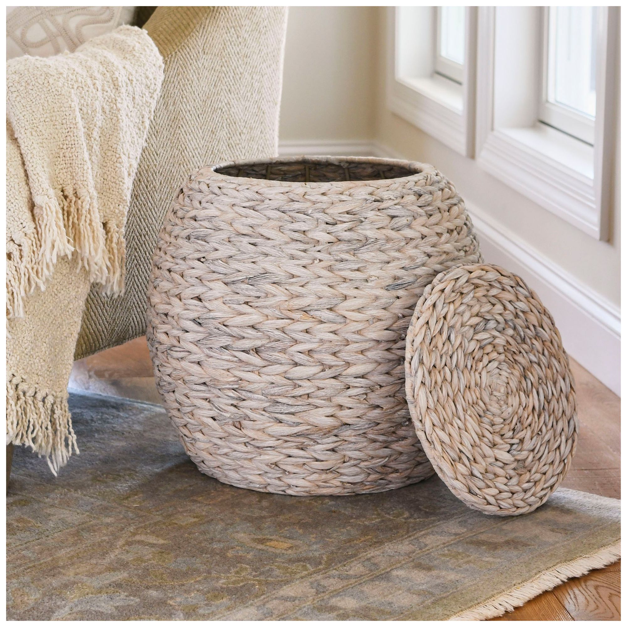 Image 4 Handwoven Water Hyacinth Wicker Basket Side Table, Cream Finish more views