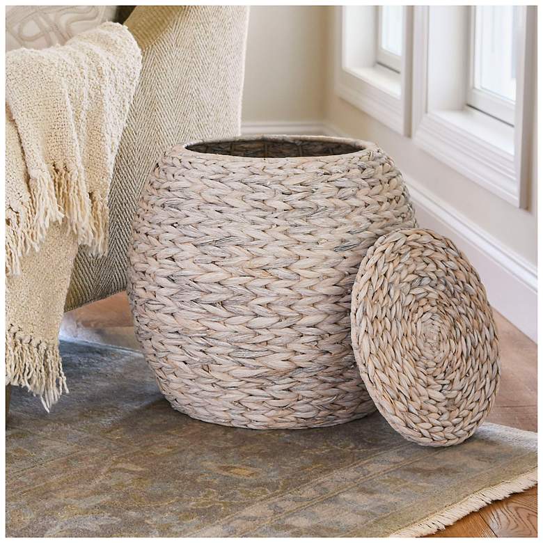 Image 4 Handwoven Water Hyacinth Wicker Basket Side Table, Cream Finish more views