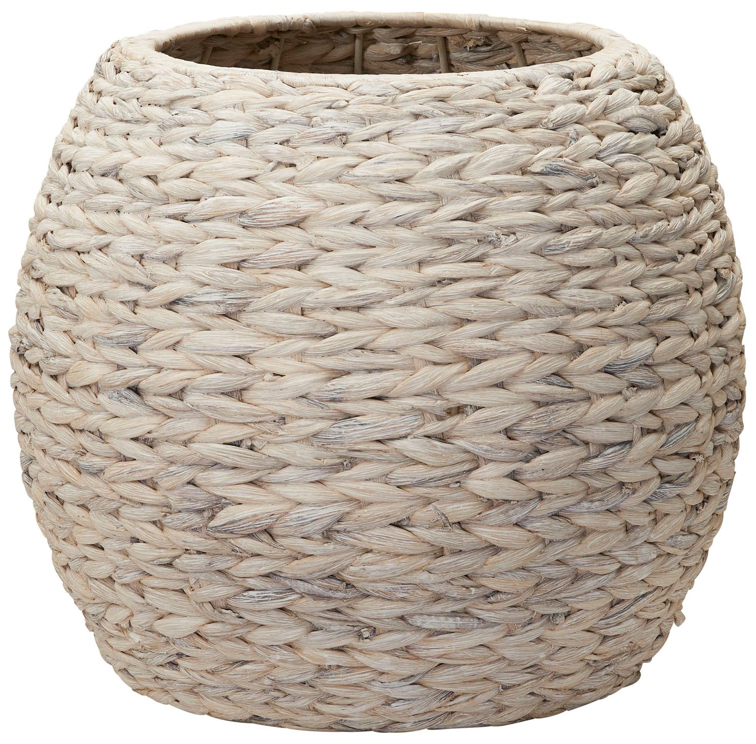 Handwoven Water Hyacinth Wicker Basket Side Table, Cream Finish