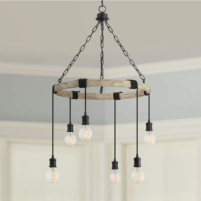 Image 1 Hangford 24 1/2" Wide Black and Wood 6-Light Chandelier