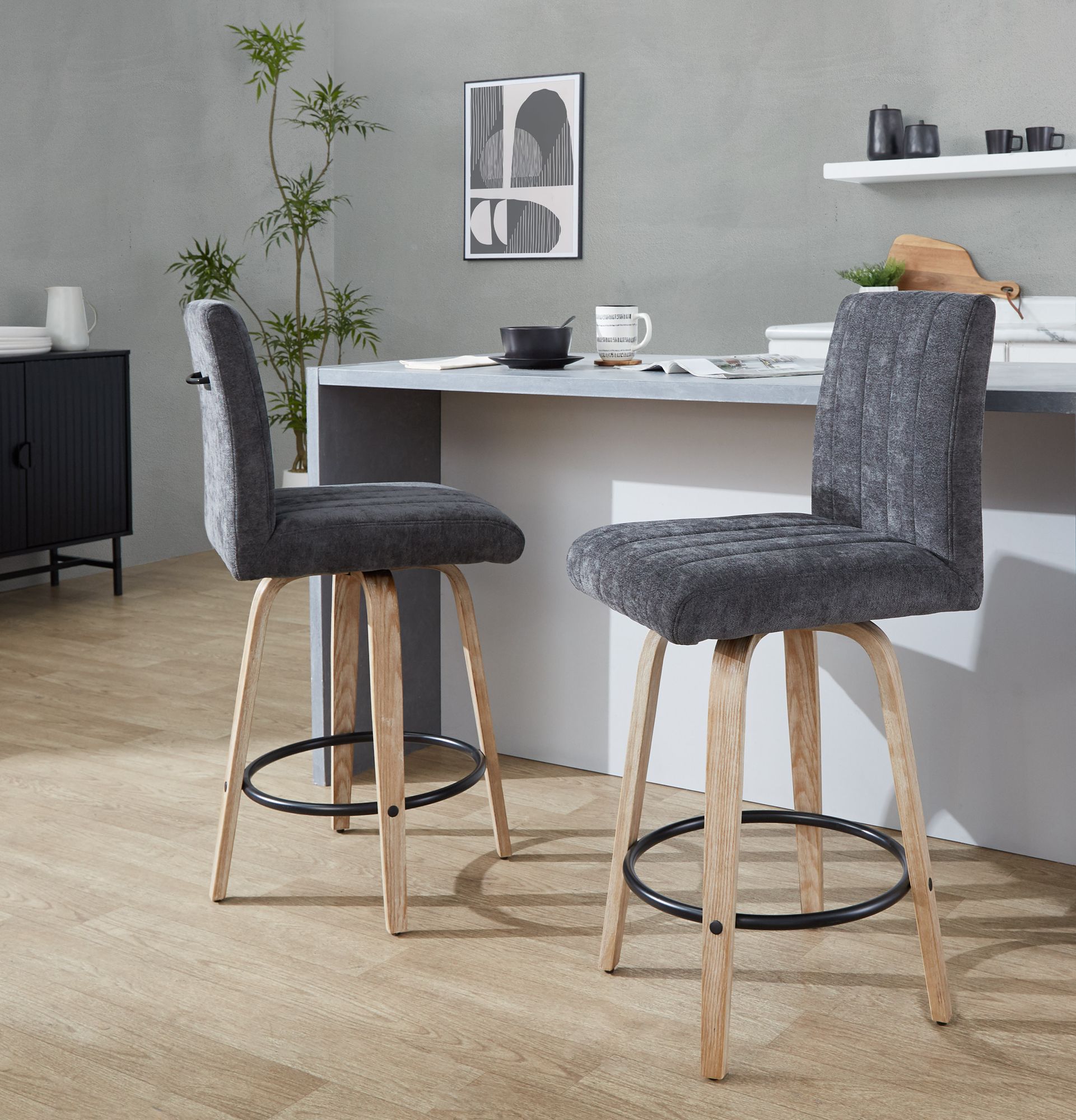 Hank Counter Stool Whitewashed Wood Black Fabric by LumiSource Pair