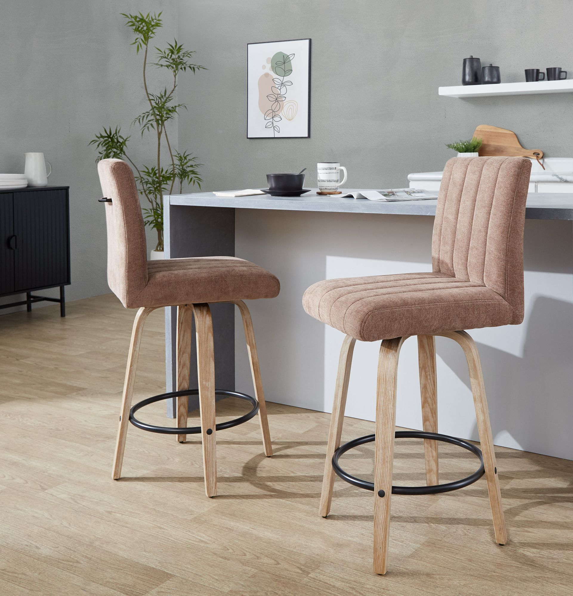 Hank Counter Stool Whitewashed Wood Brown Fabric by LumiSource Pair