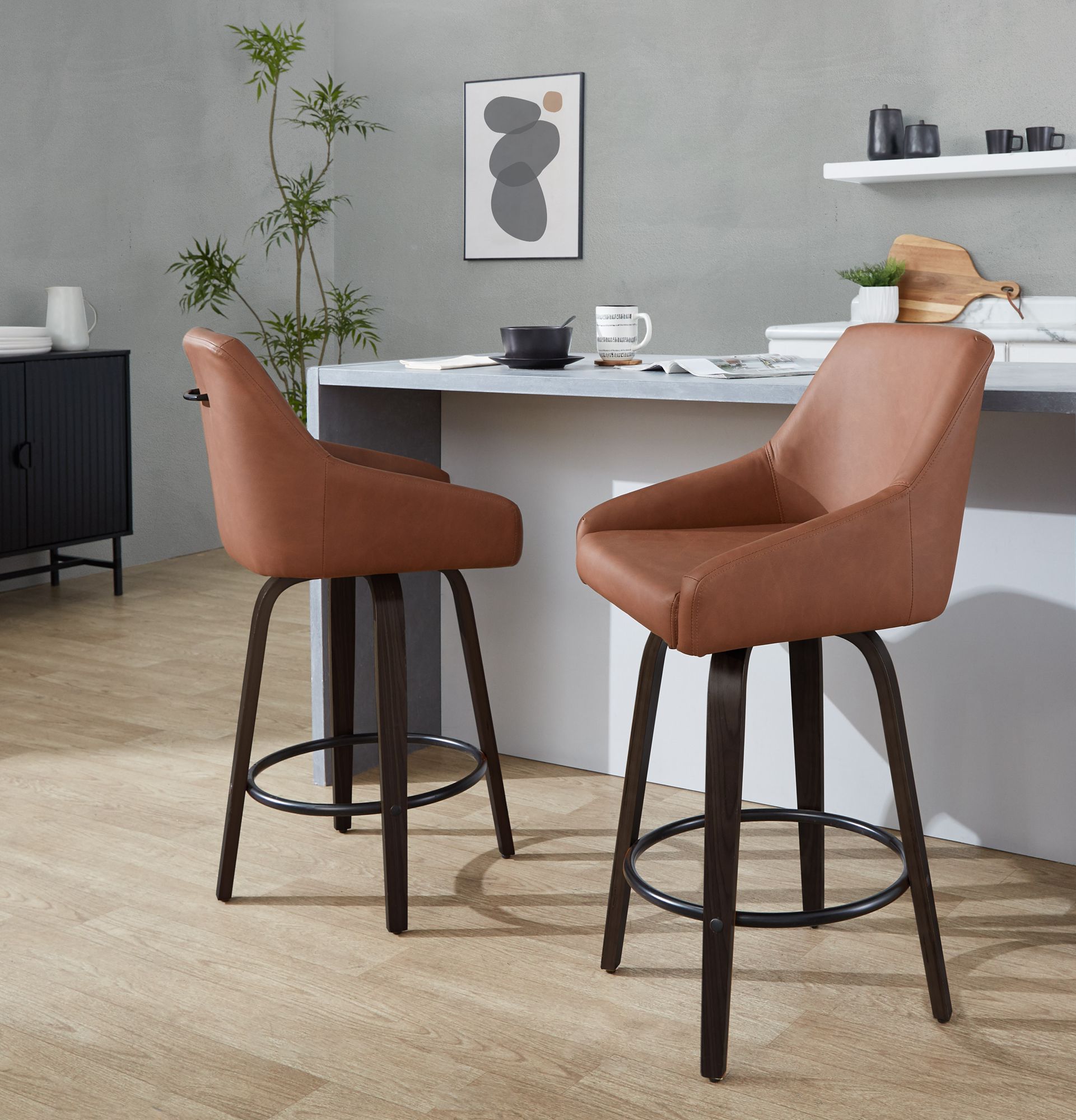 Hannah Counter Stool Walnut Glazed Wood Camel PU by LumiSource Pair