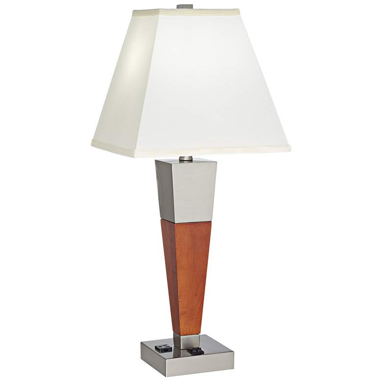 Image 1 Hannegan Brushed Nickel Walnut Wood USB Outlet Table Lamp