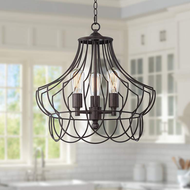 Image 1 Hansel 19 1/2 inch Wide Rustic Bronze Open Cage Plug-In Swag Chandelier