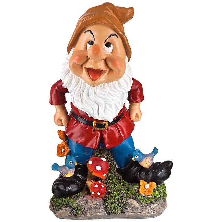 Image 1 Happy Gnome with Birds 11 inch High Solar Outdoor Garden Statue
