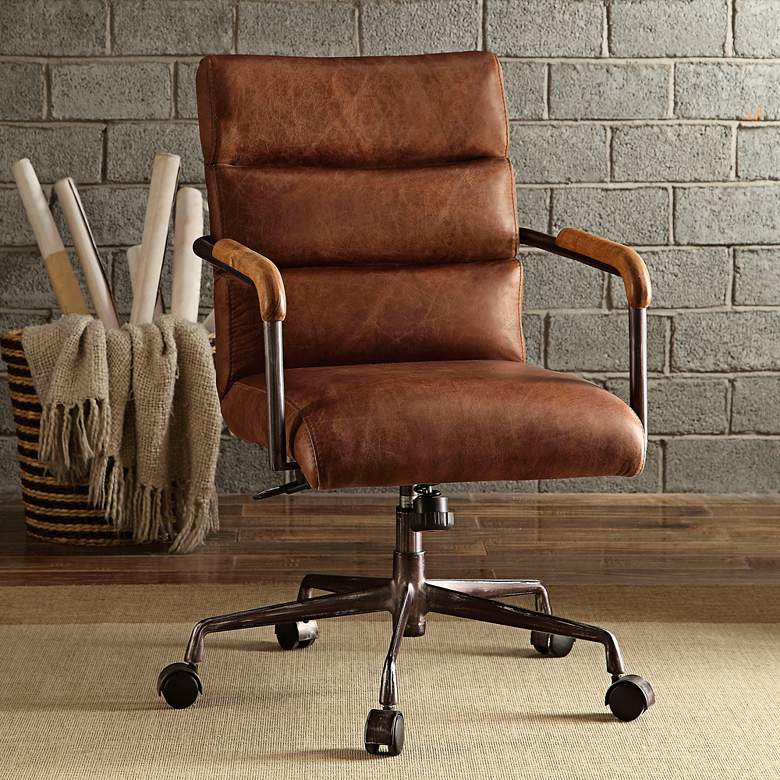 Image 1 Harith Retro Brown Top Grain Leather Swivel Office Chair