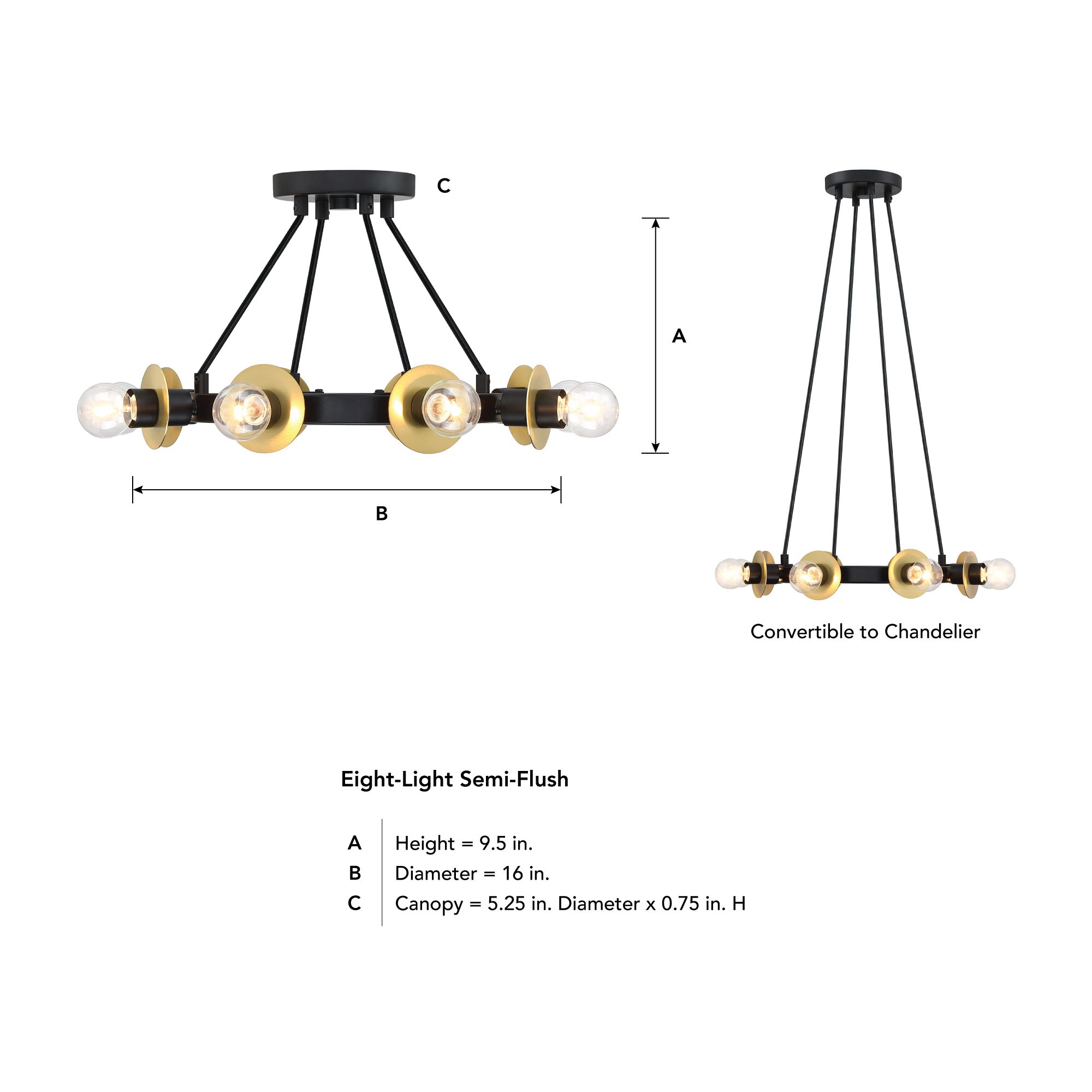 Harmoni 16 in. 8-Light Matte Black Industrial Semi Flush Mount