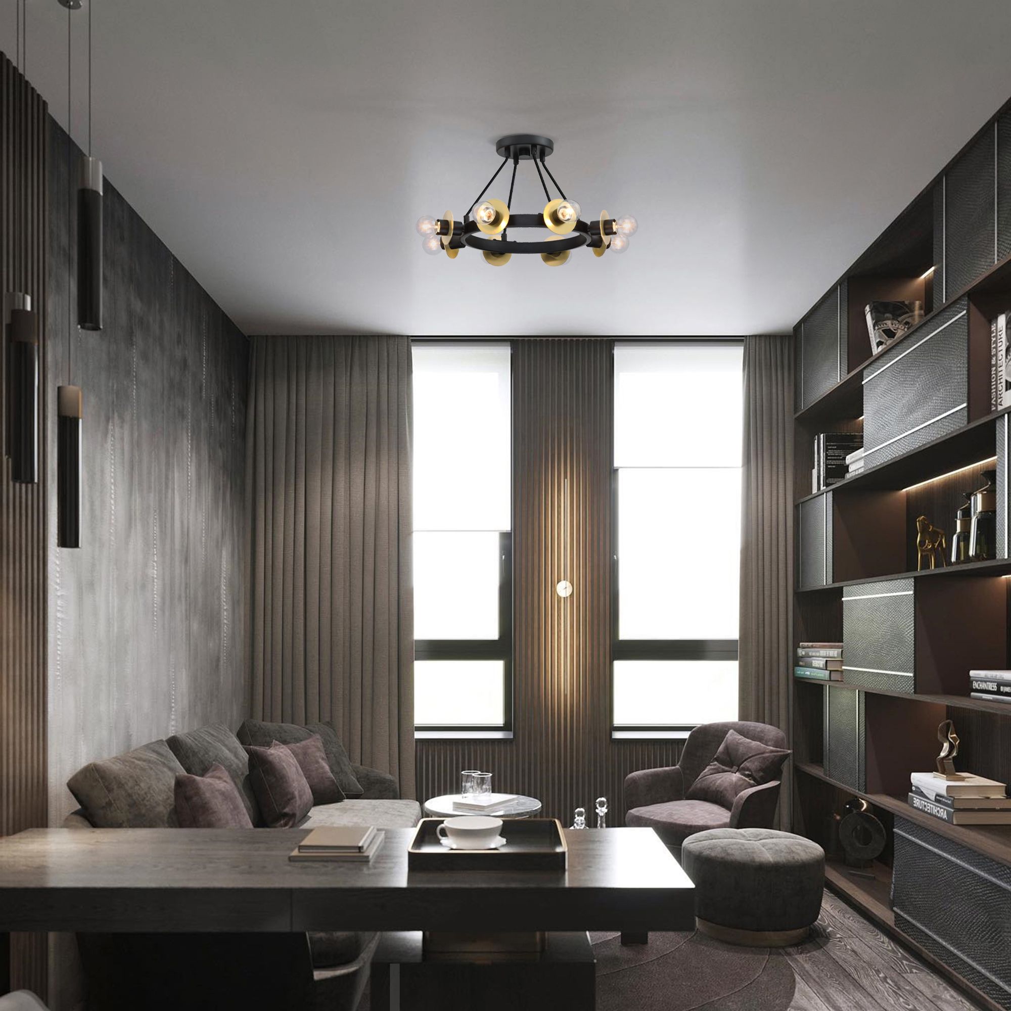 Harmoni 16 in. 8-Light Matte Black Industrial Semi Flush Mount