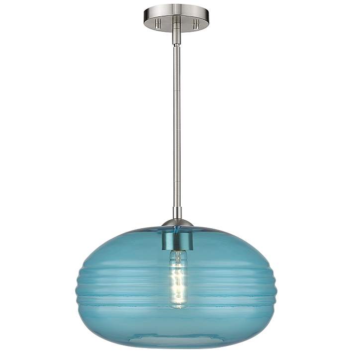 Harmony 14 Wide Brushed Nickel Pendant Light with Blue Glass