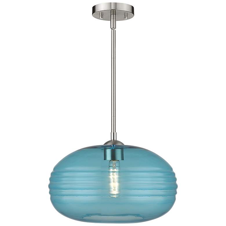 Image 2 Harmony 14 inch Wide Brushed Nickel Pendant Light with Blue Glass