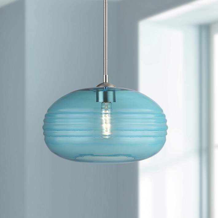 Harmony 14" Wide Nickel Pendant Light with Blue Glass - #96E71 | Lamps Plus