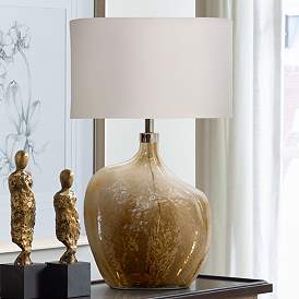 Image1 of Harp and Finial Gold Luster Smoke Amber Glass Modern Table Lamp