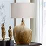 Harp and Finial Gold Luster Smoke Amber Glass Modern Table Lamp