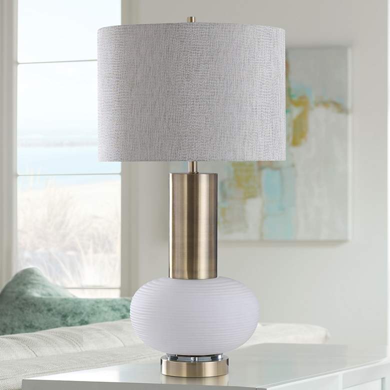 Image 1 Harp and Finial Palmer Brushed Brass Metal Table Lamp