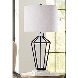Image1 of Harp and Finial Windsor Matte Black Metal Cage Table Lamp