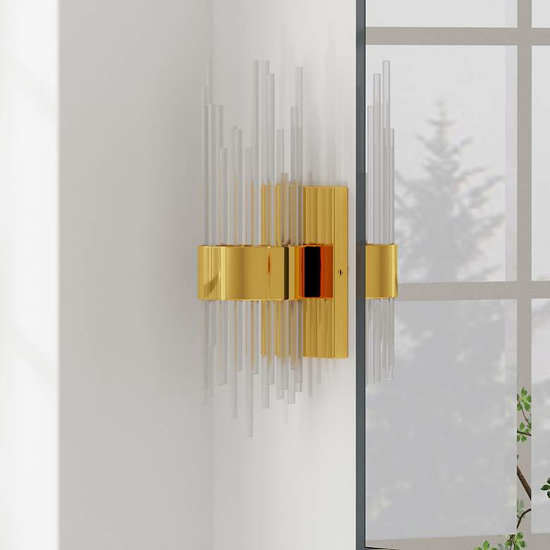 Image 1 Harp & Finial 15.5"H Brass Wall Sconce w/ Clear Shade