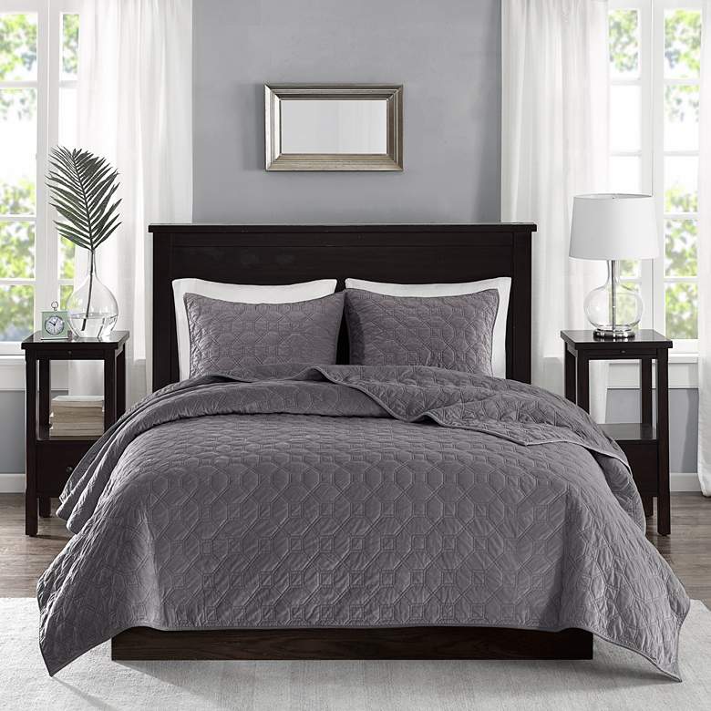 Image 2 Harper Gray Solid Full/Queen 3-Piece Coverlet Set