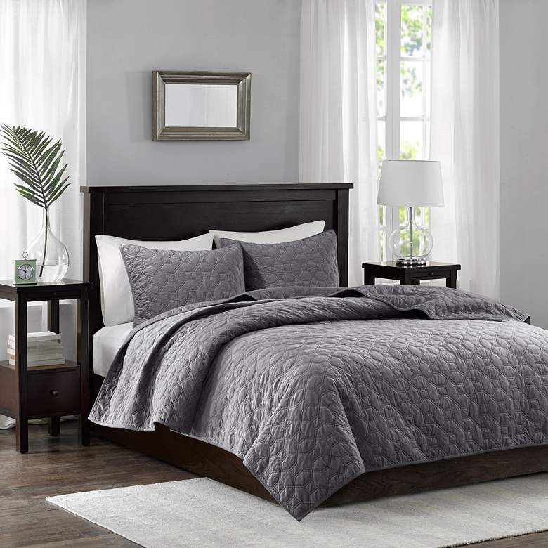 Image 1 Harper Gray Solid Full/Queen 3-Piece Coverlet Set