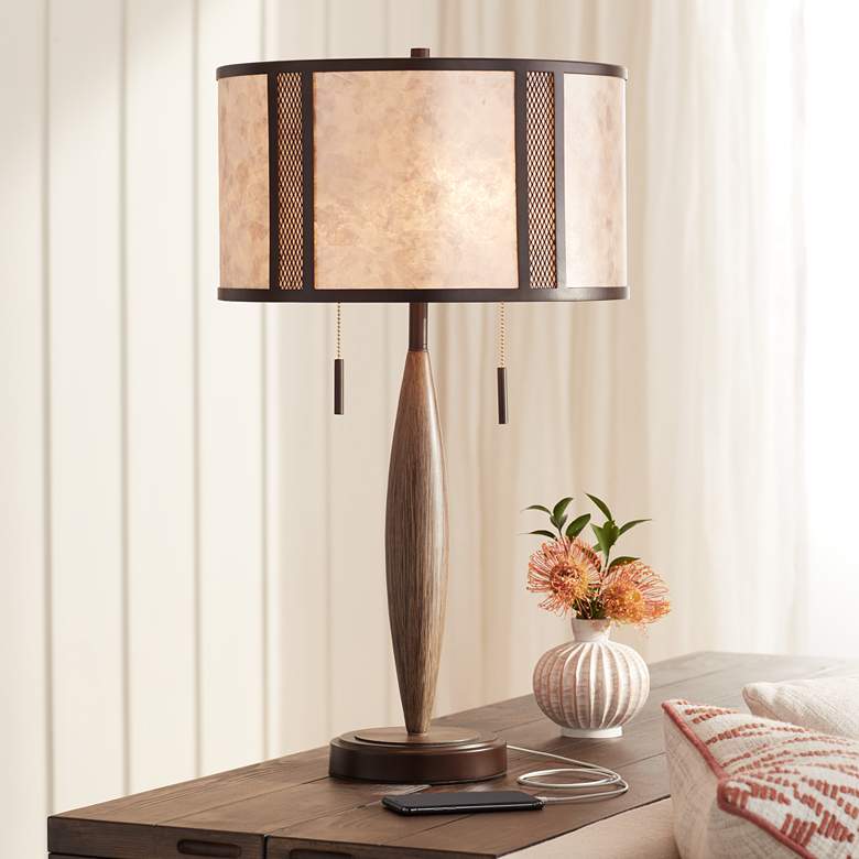 Image 1 Harris Bronze and Wood Mica Shade Rustic Table Lamp