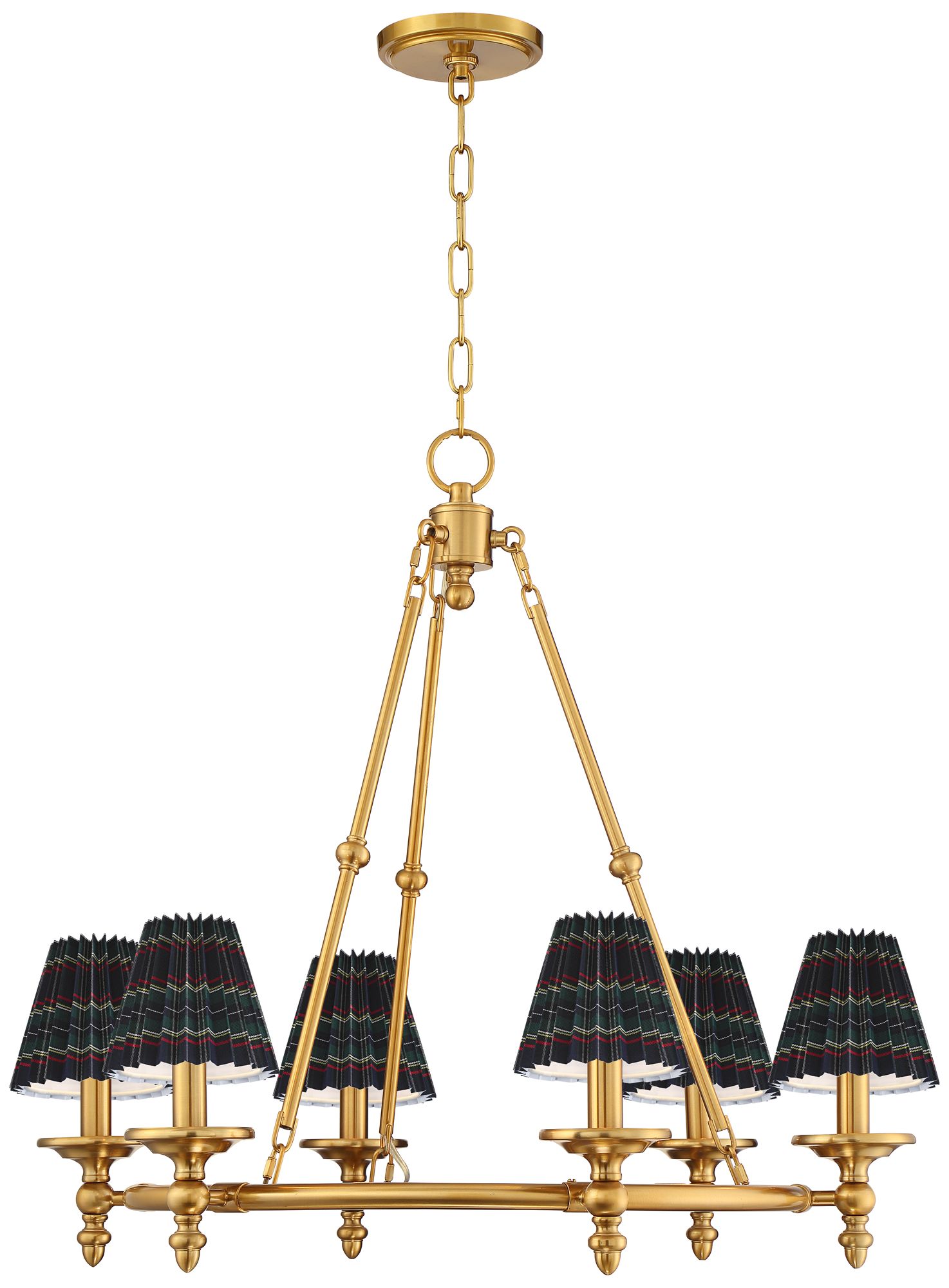 Image 7 Hartley 28" Wide Antique Gold 6-Light Chandelier w/ Navy Plaid Shades more views
