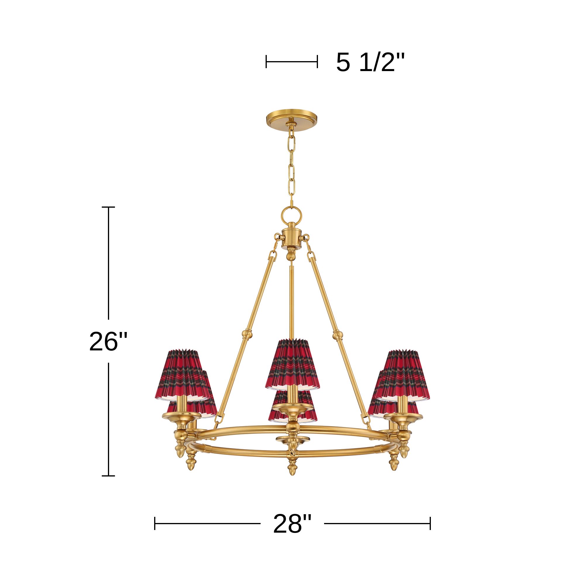 Hartley 28"W Antique Gold 6-Light Chandelier w/ Red Multi Plaid Shades