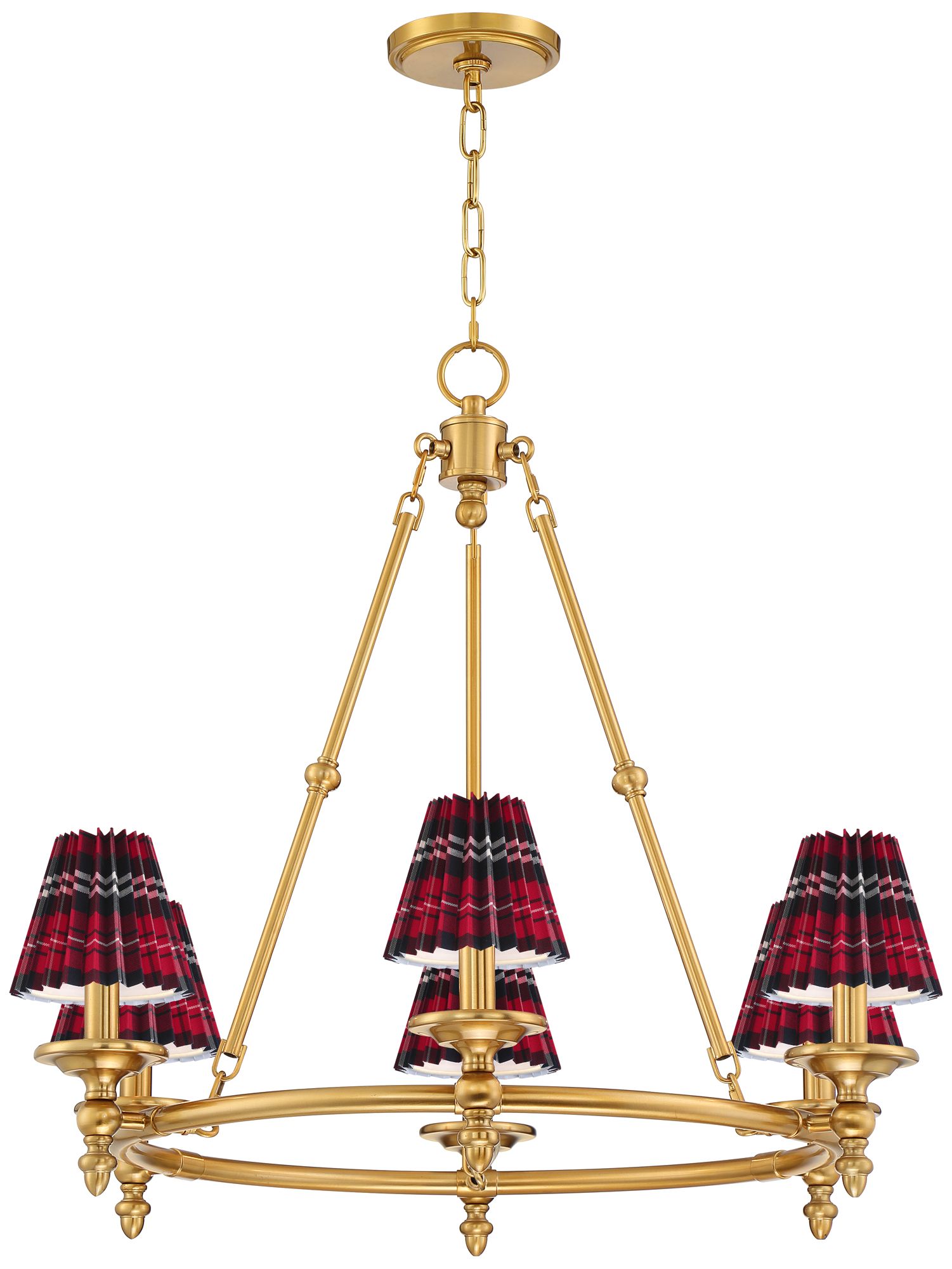 Image 2 Hartley 28"W Antique Gold 6-Light Chandelier w/ Red Navy Plaid Shades