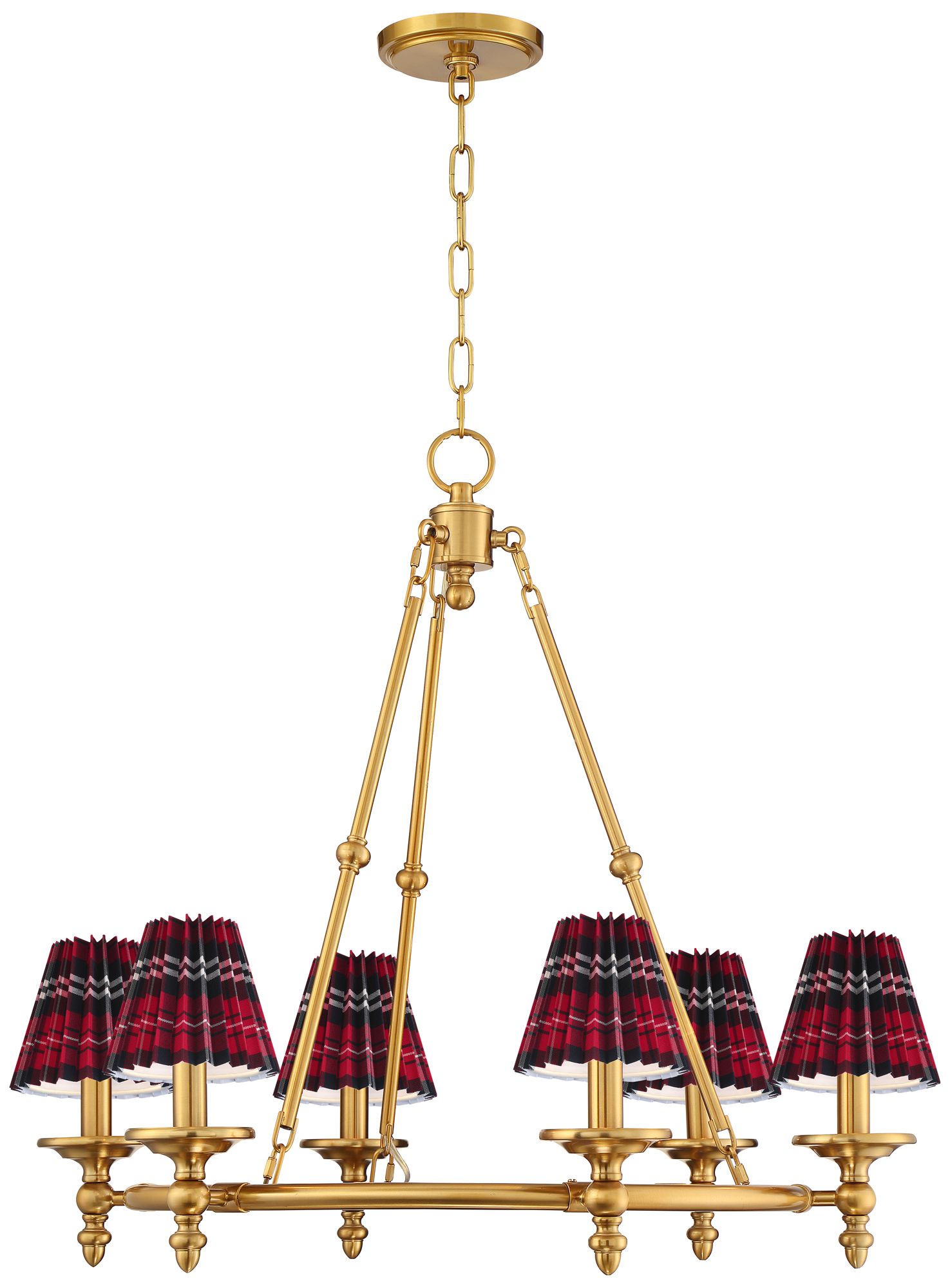 Image 7 Hartley 28"W Antique Gold 6-Light Chandelier w/ Red Navy Plaid Shades more views