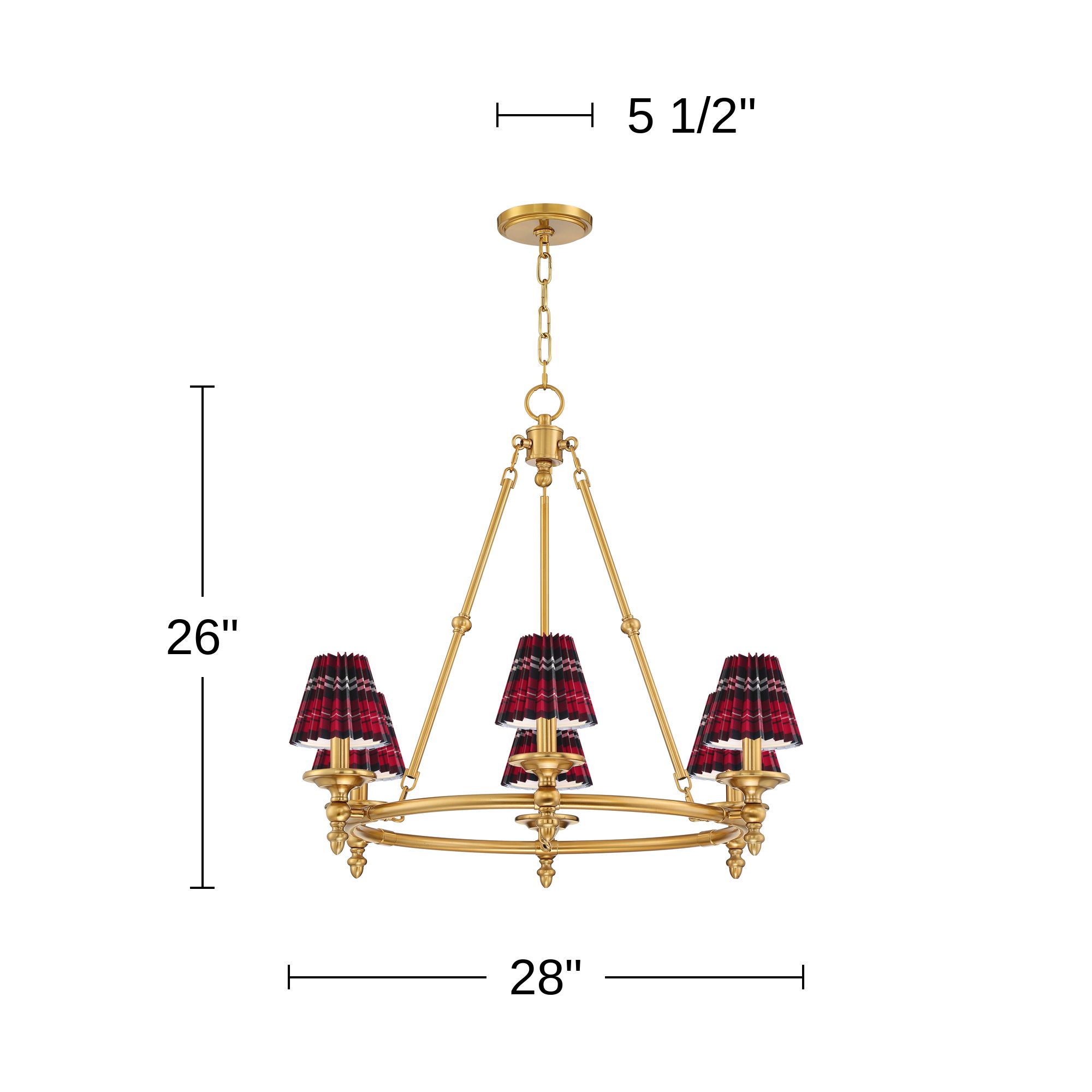 Hartley 28"W Antique Gold 6-Light Chandelier w/ Red Navy Plaid Shades