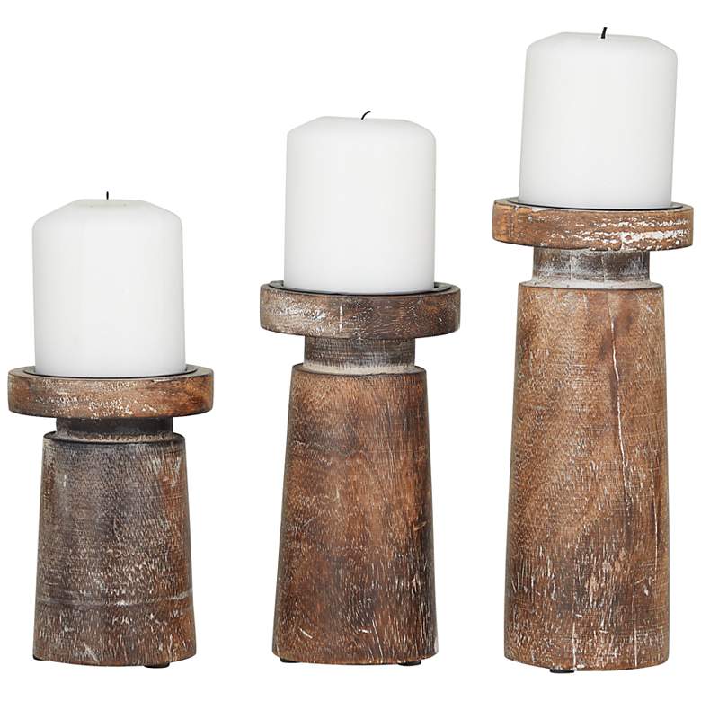 Image 2 Harwood Distressed Brown Pillar Candle Holders Set of 3