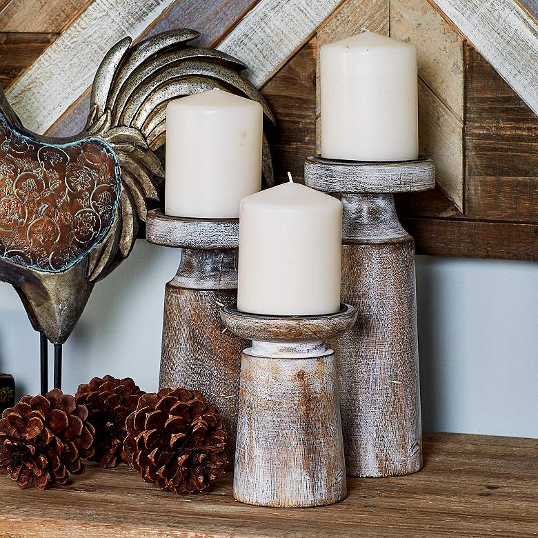 Image 1 Harwood Distressed Brown Pillar Candle Holders Set of 3