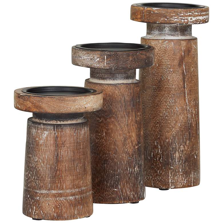 Image 5 Harwood Distressed Brown Pillar Candle Holders Set of 3 more views